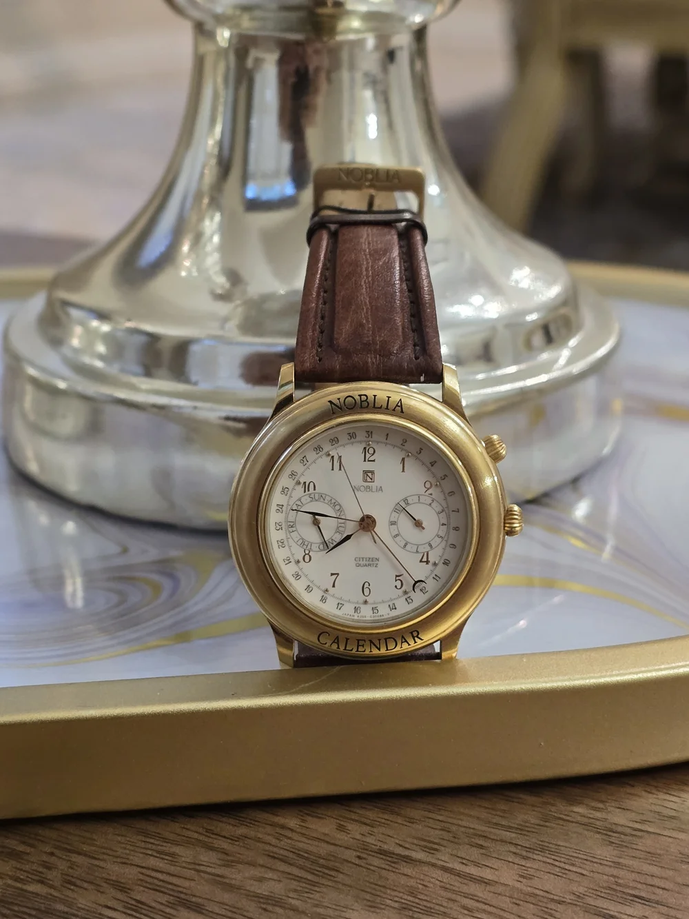 Citizen Gold-Tone Calendar Watch with Brown Leather Strap